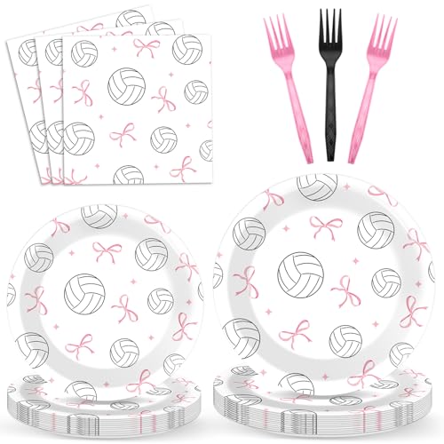96PCS Volleyball and Bow Party Paper Plates and Napkins for Sports Themed Party Dessert Cake Plates Disposable Decor Pink Bow Volleyball Parties Set for Boys Girls Birthday Gatherings Decorations