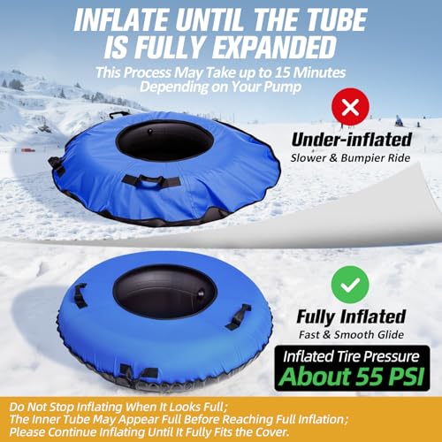 ZEALFEEL Snow Tube, 2 Person 48'' Snow Tubes with Commercial Grade Cover for Kids & Adults, Inflatable Heavy Duty Snow Sled Thickened Hard Bottom with Detachable Tow Strap, Sleds Winter Gifts for Boys