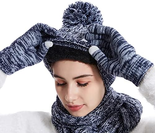 Lantra Besa Womens Hat Scarf and Gloves Set Ladies Knitted Cold Weather Set Thmernal Fleece Lined Winter Warm in Navy Blue Gray 66