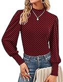 Qirno Womens Mock Neck Tops Puff Long Sleeve Bhirts Turtle Necks Bishop Sleeve Blouses Burgundy Polka Dots Small