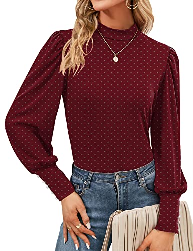 Qirno Womens Mock Neck Tops Puff Long Sleeve Bhirts Turtle Necks Bishop Sleeve Blouses Burgundy Polka Dots Small