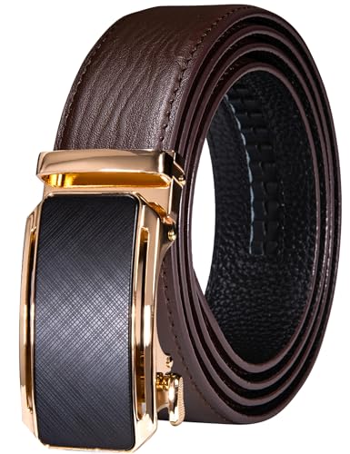 Barry.Wang Ceinture de luxe pour homme avec boucle en cuir de vachette réglable - Ceinture à cliquet pour homme - Style décontracté - Noir et doré, Marron foncé à carreaux, Length 130cm-51",adjustable
