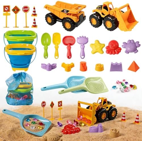 UBeesize 37 PCS Beach Toys, 3-in-1 Construction & Treasure Hunt Sand Toys