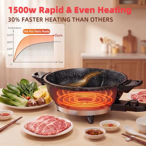 Image of TWIN Electric Hot Pot with Divider | EvenHeat Cast Aluminum Non-Stick Pot for No-Spot Cooking | 1500W Fast Heating | Dual-Flavor Shabu Shabu Pot for | 1-Yr Warranty | Granite Black