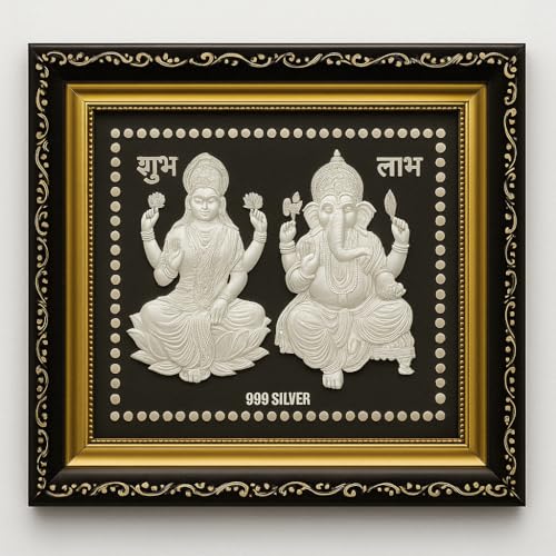 Image of Ganesh Lakshmi 999 Pure Silver God Frame | Diwali Poojan Gift for Home Temple | Lakshmi Ganesh Murti | Auspicious Festival Decor | Lakshmi Devi Idol for Wallet, Mandir, Desk