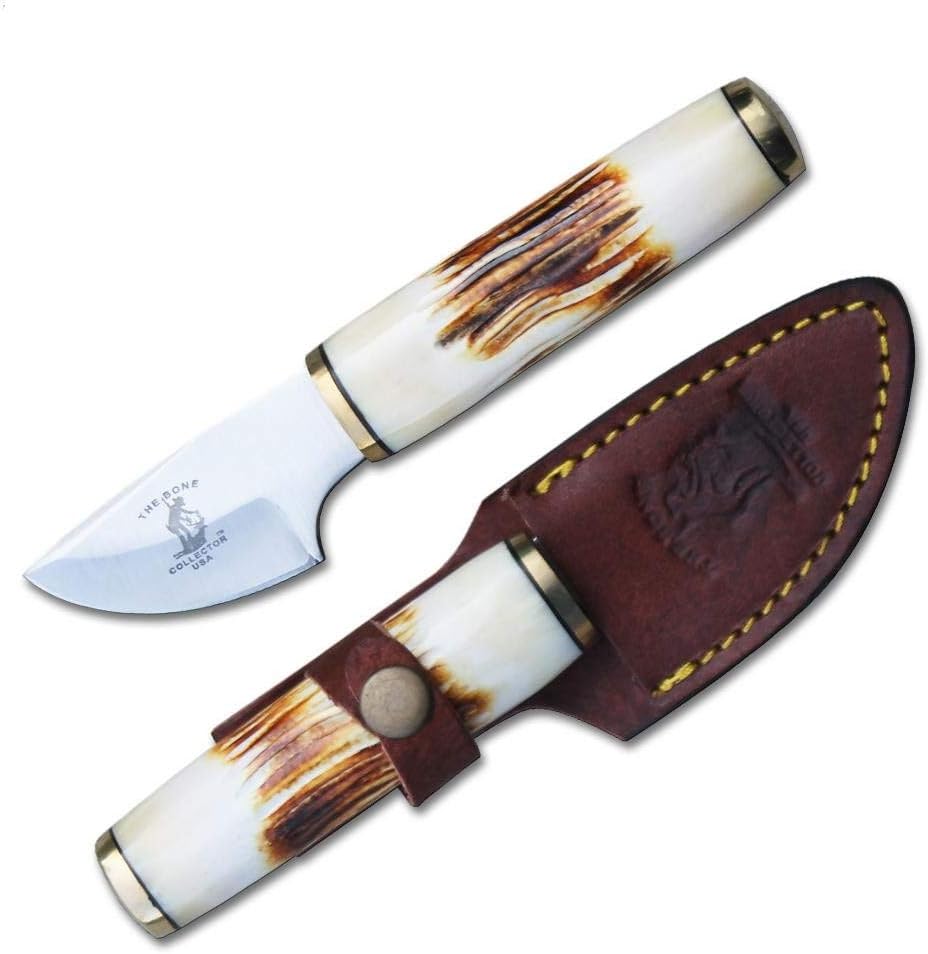 Bone Collector 7.5" inch Skinner BC 789 USA Fixed Blade Bone Handle Hunting Knife with Leather Sheath Tactical Camping Gear Outdoor