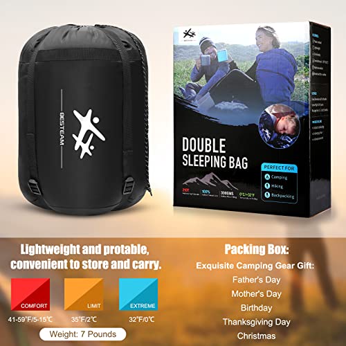 BESTEAM Double Sleeping Bag Flannel for Adults Kids, Queen Size for 2 Person with 2 Pillows, Warm & Cold Weather Sleeping Bag for Camping, Hiking, Waterproof Lightweight with Compression Sack(Black) - Thumbnail 5