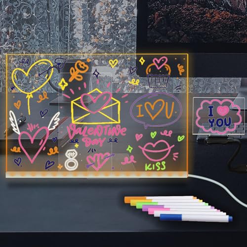 Laysinly Trockenwischbare Acryltafel mit Schreibtischständer, 30 x 20 CM , LED-Tafel für Note Plan, 7-Farben-Stift, USB-Stromversorgung