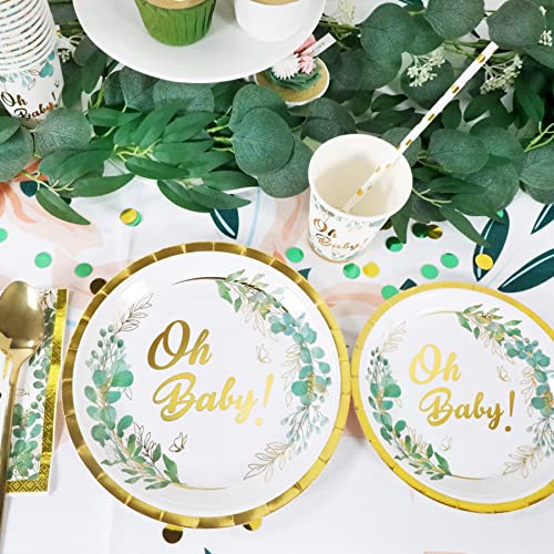 Greenery Baby Shower Plates And Napkins Set Decorations For 24 Guests, Gender Neutral Oh Baby Paper Tableware With Cups And Straws, Disposable Sage Green Boho Safari Jungle Theme Party Decor #TOP2