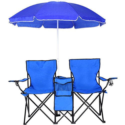 G Camping Chairs w/Umbrella Mini Table Beverage Holder Carrying Bag, Beach Patio Pool Park Outdoor Portable FoldingPicnic Chair, Blue