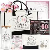 TUZELIYA 60. Geburtstag Frauen - Vintage 1966 Geburtstagsgeschenk Set für Oma, Mama, Freundin, Schwester - 7tlg inkl. Canvas-Shopper, Kosmetiktasche, Trinkglas, Duftkerze, Schlüsselanhänger, Karte