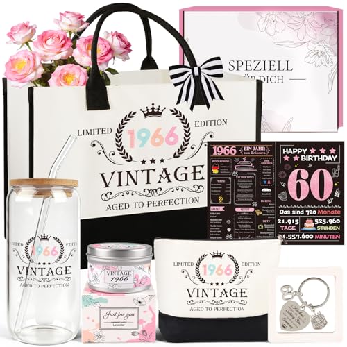 TUZELIYA 60. Geburtstag Frauen - Vintage 1966 Geburtstagsgeschenk Set für Oma Mama Freundin Schwester - 7tlg inkl. Canvas-Shopper Kosmetiktasche Trinkglas Duftkerze Schlüsselanhänger Karte