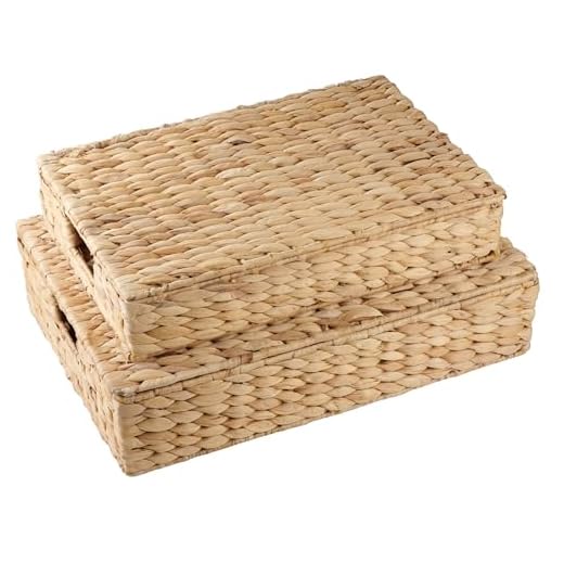 84ECO Set of 2 Wicker Baskets with Lid for Organizing - Decorative Storage Boxes With Lids for Home Decor, Shelves - Organic Modern Home Decor - Remote Box - Coffee Table Basket