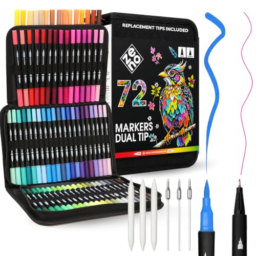 ZENO Filzstifte mit Ersatzspitzen 72 Stück mit Etui und Dual Brush Pen