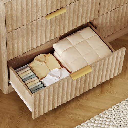 Image of TEENFON Fluted 6 Drawer Dresser for Bedroom, Wide Modern Chest of Drawers with Metal Handle, Curved Profile Design, Wood Closet Clothes Storage Organizer for Bedroom, Hallway, Natural