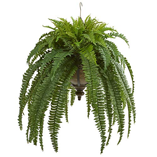Nearly Natural Cuenco Colgante de Metal Artificial de Helecho Boston de 39 Pulgadas, Plantas de Seda, Color Verde