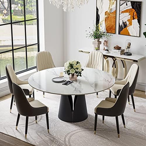 POVISON Modern Round Dining Table, White Sintered Stone Tabletop Dining Room Table for 8, Solid Black Carbon Steel Base, 59"
