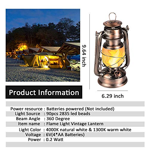 LEDERA Flame Light Vintage Lantern, Antiqued Copper Flickering Lantern, 2 Modes,Full White and Flame Effect with Battery Operated, Decorative Hanging Lanterns