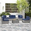 May in Color 7 Pieces Outdoor Patio Furniture Sets with Glass Tea Table, PE Rattan Wicker Patio Conversation Set with Washable Cushions, Outdoor Patio Sectional Sofa Couch, Navy