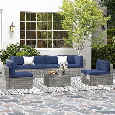 May in Color 7 Pieces Outdoor Patio Furniture Sets with Glass Tea Table, PE Rattan Wicker Patio Conversation Set with Washable Cushions, Outdoor Patio Sectional Sofa Couch, Navy