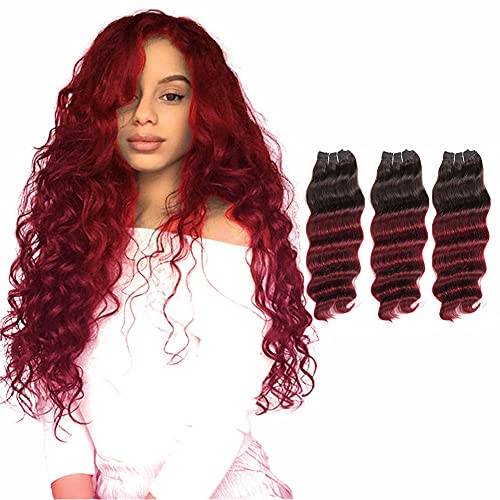 Burgundy Bundles Ombre Brazilian Virgin Human Hair Extensions Double Weft Deep Wave Brazilian Human Weave Hair 3 Bundles Brazilian Human Weave Hair 20" 22" 24"