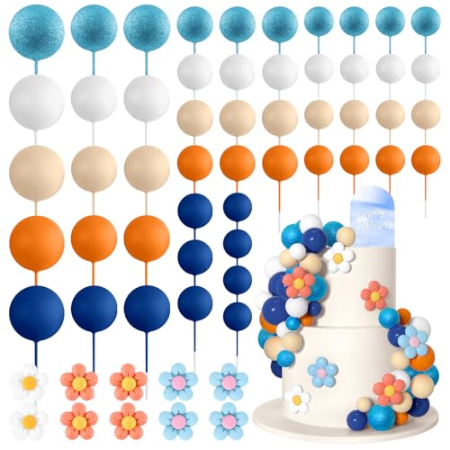 Bouiexye Lot de 61 boules de décoration de gâteau en acrylique - Mini ballons rétro hippies, marguerites - Décorations pour gâteau d'anniversaire,...