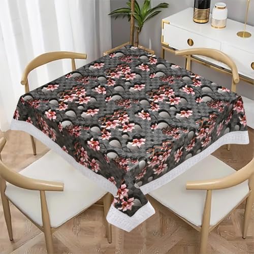 Image of Dakshya Industries PVC Waterproof Square Table Cover 48x48 Inch for 4 Seater Dining Table | Floral Printed Oilproof Stain Resistant Washable Plastic Table Cover, Dark Grey
