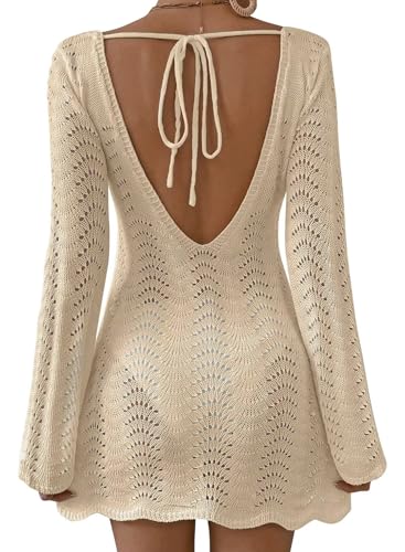Womens Swimsuit Cover Up Long Sleeve Crochet Bathing Suit Mesh Backless Cover Ups Summer Beach Vacation Outfits 2025