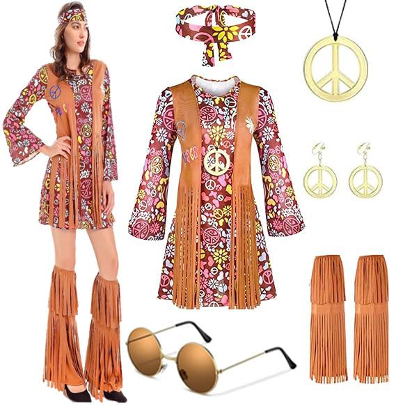 A.Y.LOTUS Disfraz de hippie para mujer, disfraz de los años 60 y 70, vestido hippie, ropa para mujer, carnaval, 9 unidades, XL