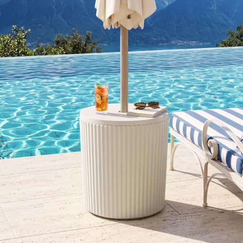 COSIEST Outdoor Side Table with Umbrella Hole Patio Umbrella Stand Fits 1.5-1.9 Pole Durable Umbrella Side Table for Garden Deck & Pool Easy Assembly White