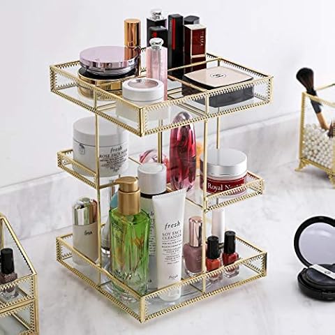 360 Degree Rotation Glass Makeup Organizer,Perfume Display Case and Cosmetic Storage ,Great for Bathroom, Dresser, Countertop (gold)) Cover