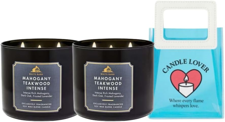 Mahogany Teakwood Intense - 2 Candles -White Barn - Bath/Body Work- 3-Wick Scented Candle 14.5 OZ Burns 25-45 Hours and Gift Bag Candle Lovers (Label Artwork Varies)