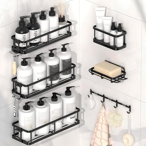Gebrazy Set 6 Pezzi Mensole Doccia Senza Foratura - Accessori Bagno Design con Grande Capacità, Porta Shampoo Doccia Senza Forare, Mensole da Muro per Bagno e Cucina