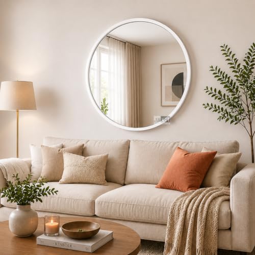 Image of Ali.G.I Round Wall Mirror, Modern Metal Framed Decorative Circle Vanity Mirror for Bathroom, Living Room, Bedroom & Entryway (White 24 inch)