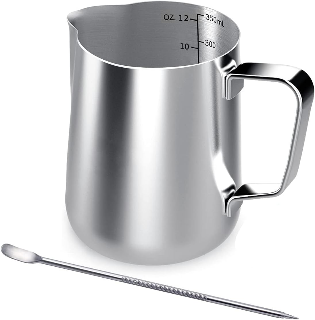 Stainless Steel Milk Jug, 350ML Handheld Coffee Creamer Milk Frothing Pitcher Jug Cup with Measurement Mark and Latte Art Pen, Milk Pitcher Jugs Perfect for Barista Cappuccino Espresso Making