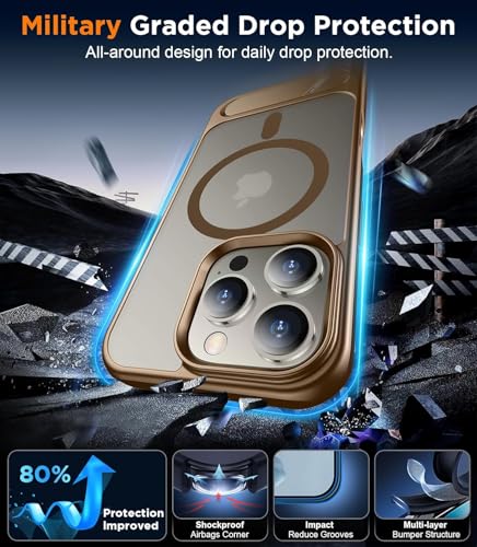 Image of Elzzi Magnetic Cover Compatible For iPhone 16 Pro Max Case with Adjustable Metal Kickstand, Compatible with Mag-Safe Translucent Matte Protective Phone Shockproof Case, Desert Titanium