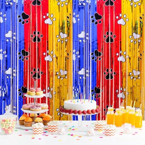 Dolaflyn Paw Foil Fringe Curtains, 2 Pack Paw Birthday Decorations, Gold Red Blue Metallic Tinsel Paw Birthday Backdrop Party Supplies for Kids Birthday Room Decor Puppy Photo Booth Prop Backdrop by Dolaflyn - Used condition - Image 3