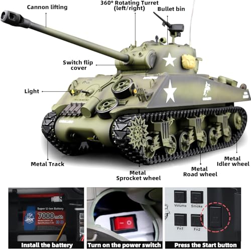 Heng Long Modified Ver. rc Tanks 1/16 U.S. M4A3 Sherman Tank Model 3898(Metal Chassis &7.0 &Long Gun)(360° Rotating Turret &7000mah)(Metal Track &Road &Sprocket &Idle Wheel) (3898-Long-Green)