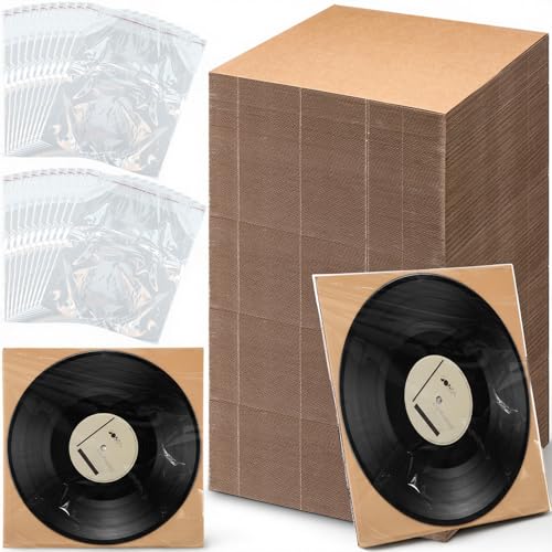 Feifeiya 100 Pack 12 x 12 Inch Corrugated Lp Insert Pads with 100 Self-adhesive Bags, Vinyl Record Album Mailer Filler Protective Pads for Shipping Packing Mailing Crafts