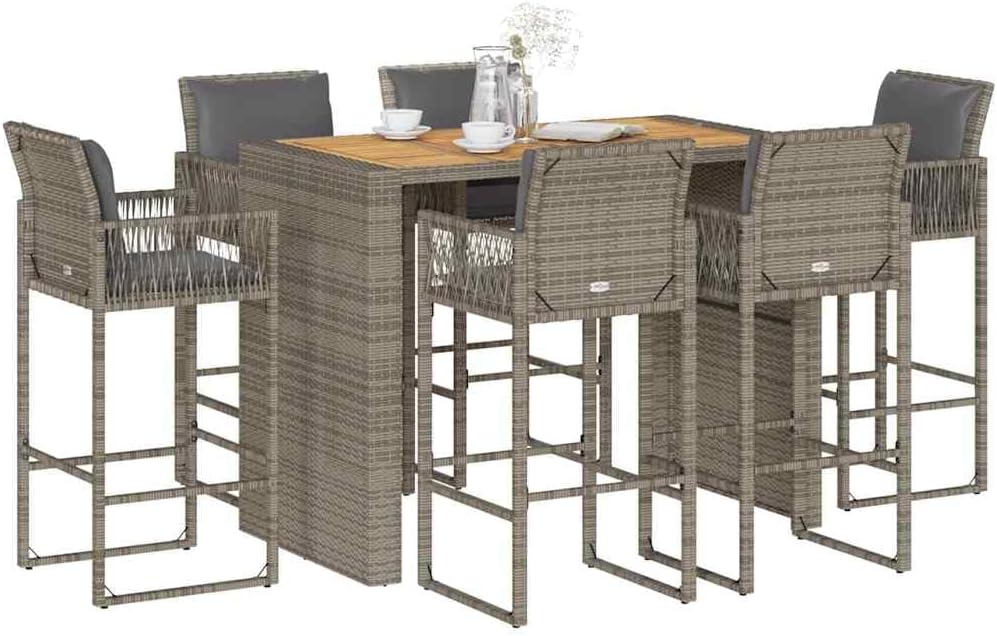 3 Piece Grey Poly Rattan Garden Bar Set with Cushions, Acacia Wood Table and Steel Frame for Outdoor Patio Dining and Relaxation