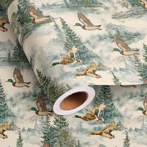 Vnaaem Baby Shower Wrapping Paper Roll for Women Men - Mallard Duck Watercolor Forest Design Gift Wrap for Holiday Birthday Party Bridal Shower DIY Craft - 17 Inches X 20 Feet