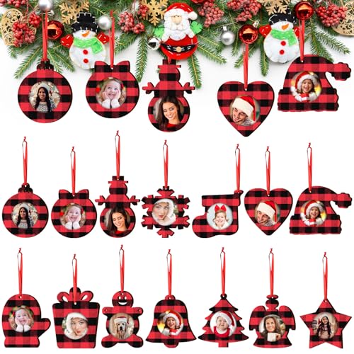 Jetec 14 Pieces Christmas Picture Frame Ornaments Unfinished Wood Ornaments to Paint Christmas Hanging Decor for Holiday Picture Frame DIY Presents and Xmas Tree Decoration(Red and Black)