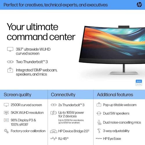 HP 740pm - Series 7 Pro - Moniteur LED - Courbé - 101,6 cm (40") - 5120 x 2160 WUHD @ 60 Hz - IPS - 300 CD/m² - 1000:1-5 ms - 2 Thunderbolt 3, HDMI, DisplayPort - Haut-parleurs - Noir, Argent
