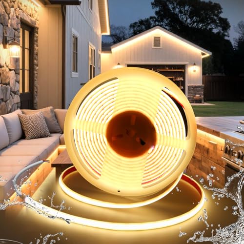 COB LED strepen 24V, Brimeti Zelf adhesieve Cob LED Strip 5m Waterdicht IP68 Warm Wit 3000K 320leds/m 10 mm breedte, flexibele siliconen lintlicht voor tv, slaapkamer verlichting (zonder voeding)