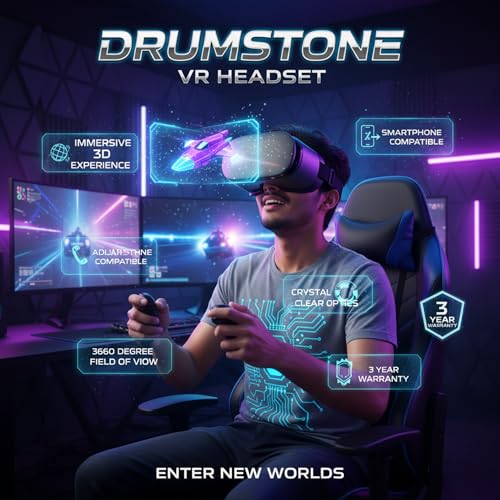 Image of Drumstone Universal Virtual Reality Headset for Smartphones - Adjustable 3D VR Glasses with Immersive HD Lenses - Mobile Gaming and Cinematic Movie Viewer for All Mobile Devices