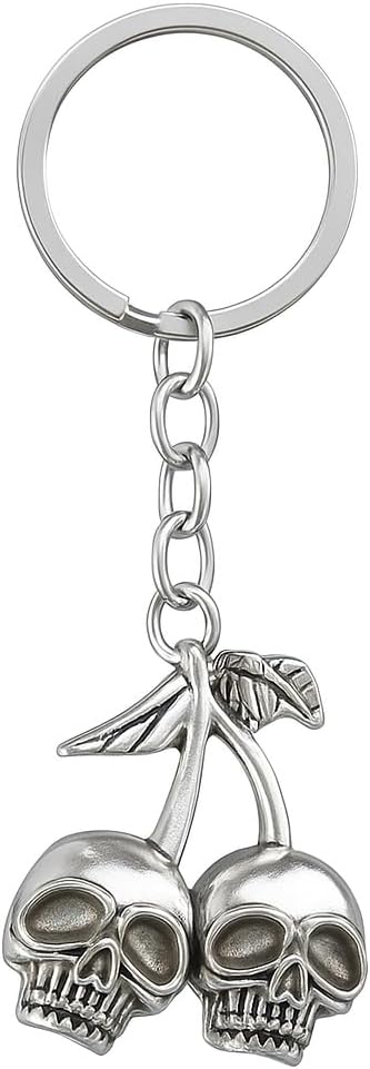 Skull Cherry Keychain, Dark Gothic Punk Style Accessory with Skeleton Head and Leaf Charms, Unique Bag Charm for Men Women, Edgy and Creative Key Chain for Handbag, Backpack, Car Keys