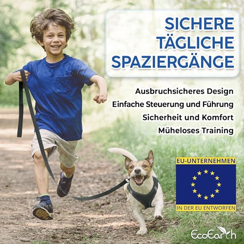 Hundegeschirr + Leine - Mittelgroß, Schwarz - Weich gepolstert, No Pull Design Haustiergeschirr + Reflektierende Streifen für Kleine + Mittelgroße Hunde - von EcoEarth