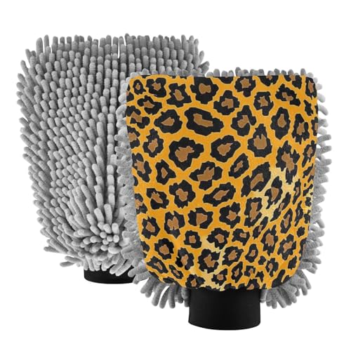 ALAZA Yellow Leopard Print Cheetah Car Wash Mitt Scratch Free, 2 Pack Absorbent Microfiber/Chenille Washing & Drying Mitts, L