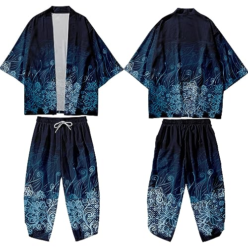 Image of DOSLAVIDA Men's Japanese Kimono Cardigan Suit Chinese Style Printed Jacket Pants Set Open Front Seven Sleeve Top & Shorts