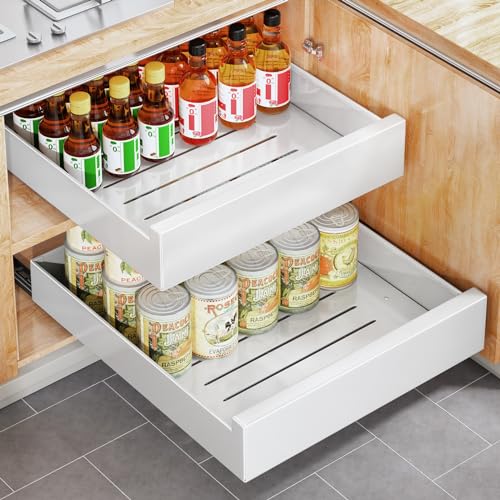 Pull Out Cabinet Organizer Fixed With Adhesive Nano Film,Heavy Duty Storage and Organization Slide Out Pantry Shelves Sliding Drawer Pantry Shelf for Kitchen 11.8'W x 16.9'D x 3.1'H(1PC)